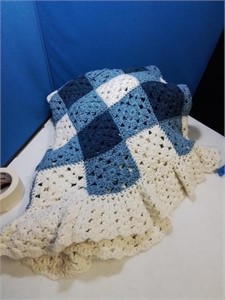 Hand crochet blue and cream Afghan