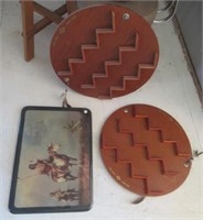 Native American clock and (2) wood wall hangers.