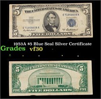 1953A $5 Blue Seal Silver Certificate Grades vf++