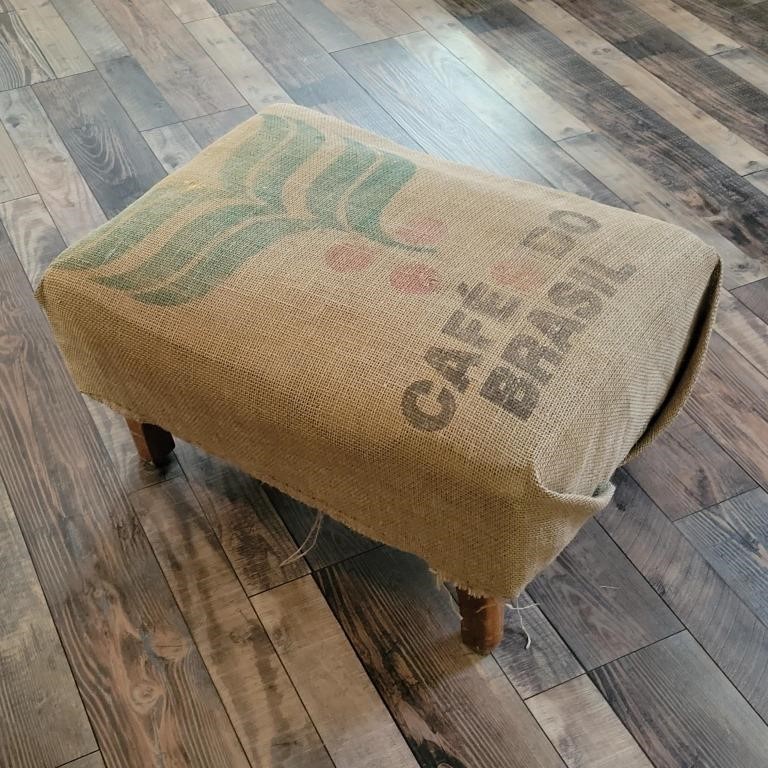 Burlap Coffee Sack Covered Foot Stool 23"L 16"W