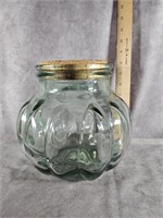 LARGE GLASS PUMPKIN SHAPED GREEN TINT JAR