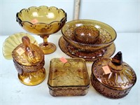 Amber glass including turkey covered dish,