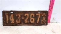 1922 Wisconsin License Plate