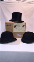 2 DERBY HATS & TOP HAT IN BOX