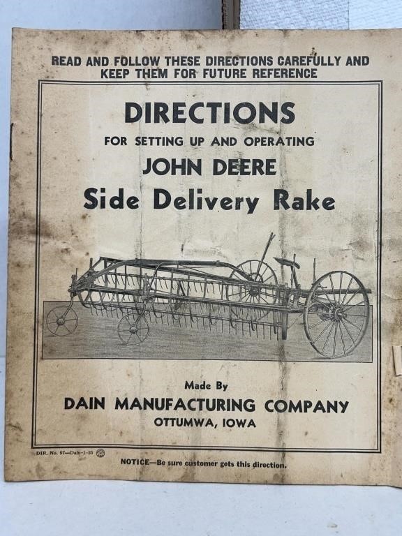 1935 John Deere side delivery rake instruction