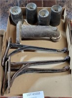 FLAT OF VTG. HOOKS, CAST IRON WEIGHTS, & A FAUCET