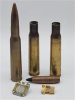 50 Cal Round, Brass, and Bullet + Army & DAV Pins