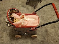 Antique Doll Stroller With Ceramic Doll