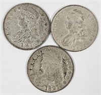 3 Well Circulated Capped Bust Silver Half Dollars