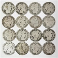 16 Well Circulated Barber Silver Half Dollars