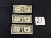 3- $1 Bills with Blue Ink Printed