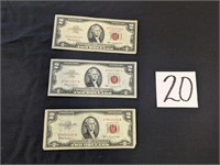 3- $2 Bills with Red Ink Printed