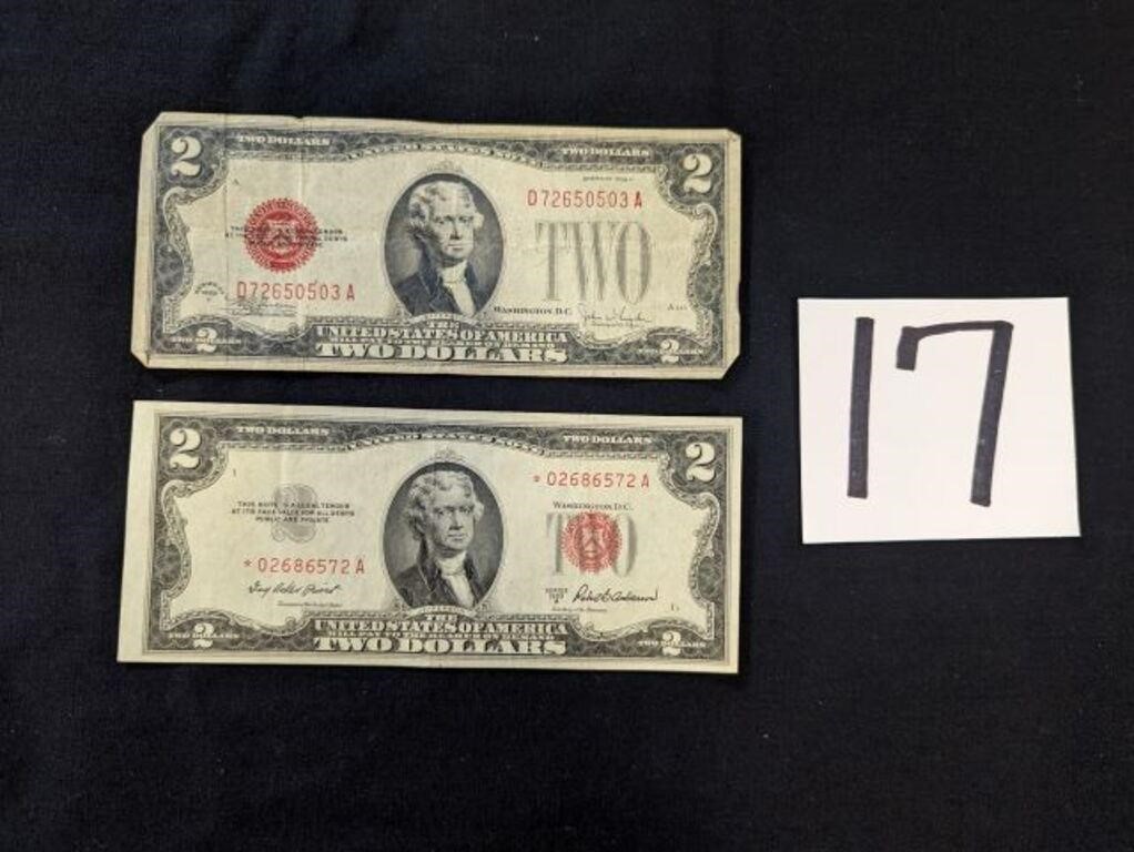 2- $2 Bills with Red Ink Printed