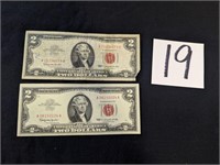 2- $2 Bill with Red Ink Printed (small tear)