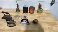 Bells, irons, old tin can, music box