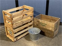 4 Vintage Wooden Crates & Metal Bucket