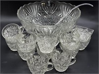 Vintage Glass Punchbowl, (12) Cups, and Plastic