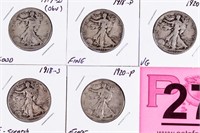Coin 5 Walking Liberty Half Dollars 1917-1920