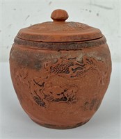Antique Japanese Redware Dragon Canister