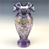 Fenton Purple Decorated & Signed Ruffled Vase