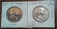 1957 & 1954 US Franklin silver half dollars PHIL