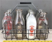 8 Unique Vintage Milk / Dairy Bottles w/ Carrier