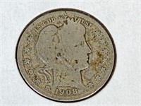 1908 Silver Barber Quarter Coin