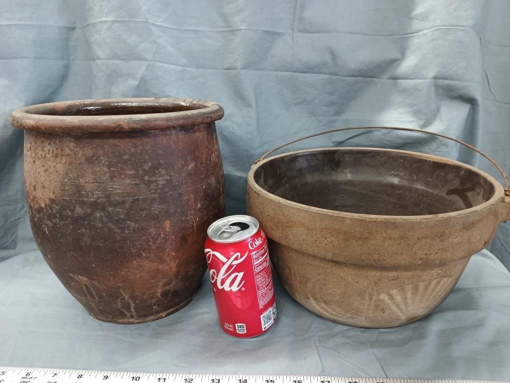 2 Pottery  pieces - Redware Crock has a hairline