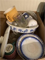 2 box lot of kitchen items, glasses , pie plate,