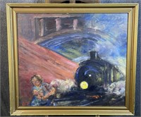 Surrealism/Abstract Oil on Board Train Painting