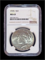 1935 Peace dollar, NGC slab certified MS-63,