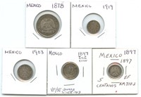 Group of 5 Mexican Silver Coins - Dated 1878 to