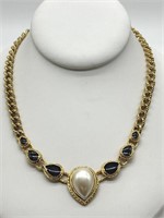 Vintage Monet Gold Tone Enamel & Pearl Necklace