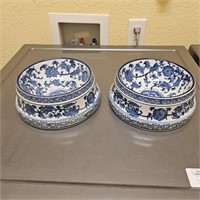 Blue & White Ceramic Dog / Cat Feed Bowl Set