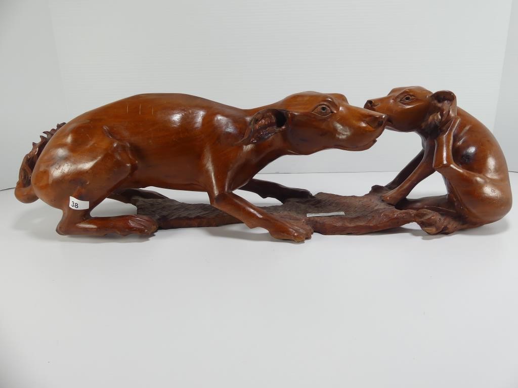 ONE PIECE WOOD CARVED DOGS