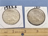 Lot of 2 Peace silver dollars 1922S, 1923       (k