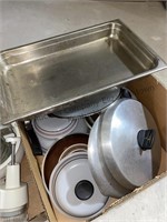 2 box lot frying pans, lids, large metal baking