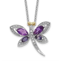 Silver- 14 Kt Amethyst Diamond Dragonfly Necklace
