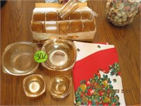 Misc dishes- table cloth- candle holders lot