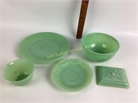 Jadeite  plate, cup, saucer, bowl, lid to trinket