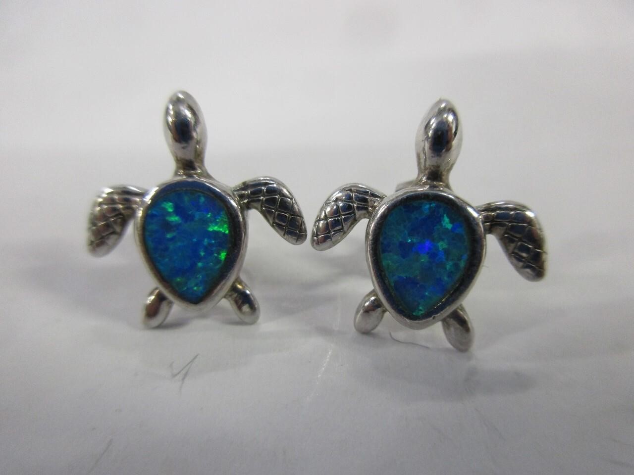 Sterling silver opal inlay sea turtle earrings