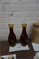 2-dark amber glass vase with etched duck design