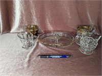 Relish Tray & (3) Creamers; Slag Toothpick Holder