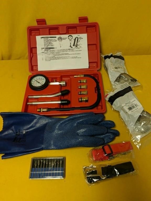 Compression tester, safety goggles, gloves etc