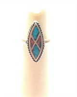 Unmarked Silver Ring W/Turquoise and Coral