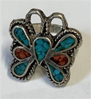 Artisan Made Silver, Turquoise and Coral Ring Sz 8