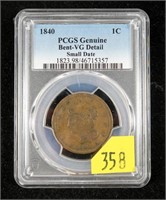 1840 U.S. Large cent, PCGS slab certified VG