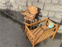 WOODEN DOLL BED & HIGHCHAIR