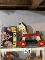 Shelf lot toys and fisher price horse and