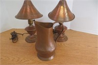 Vintage Copper Dresser Lamps & Water Pitcher